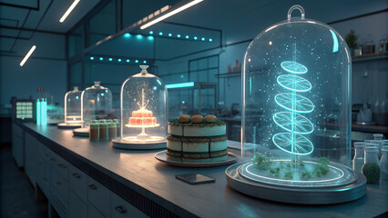 Futuristic laboratory display with glowing scientific experiments under glass domes