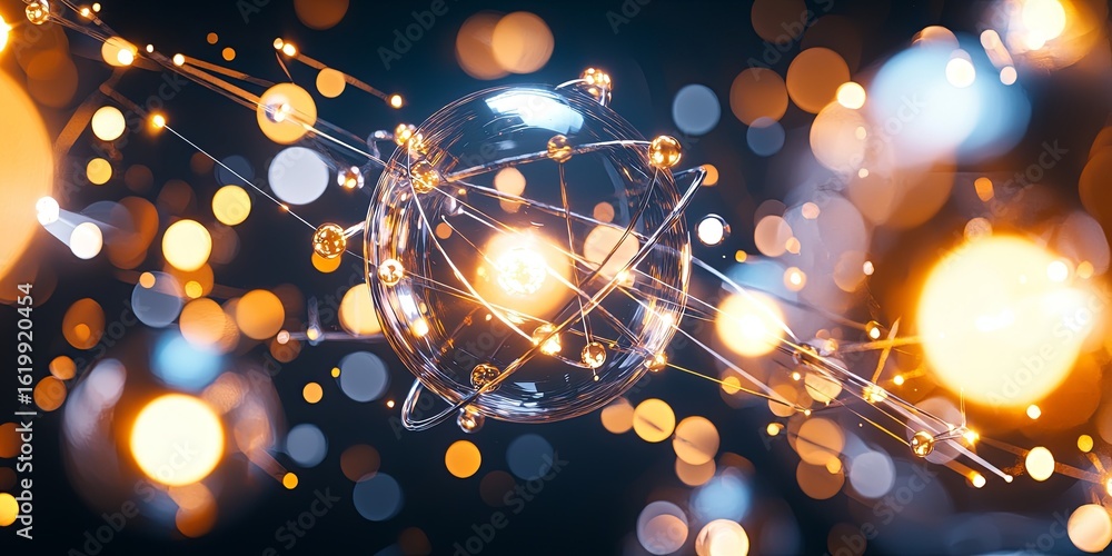 Poster quantum mechanics concepts illustrated with floating equations, a transparent atom model, and a subt