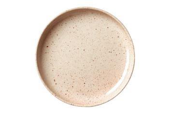Top-down view of a light beige ceramic plate with a speckled, mottled texture