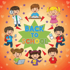 Kids Elementary School Back to School Cheerful Vector Illustration of Happy Students and Educational Supplies