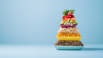 Four abstract colorful food pyramids merging into one harmonious structure, representing dietary synergy.