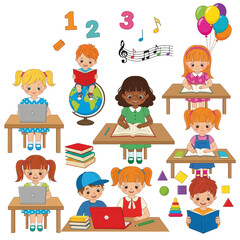 Kids Elementary School Back to School Cheerful Vector Illustration of Happy Students and Educational Supplies