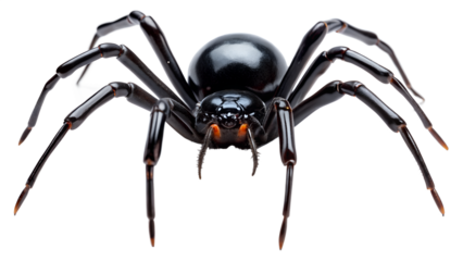 A detailed closeup of a black widow spider, an arachnid known for its venomous bite, isolated on transparent background