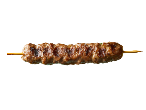 Grilled minced meat kebab on a wooden skewer featuring golden brown char marks isolate