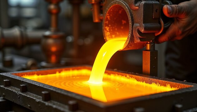 Making gold bars with molten metal being poured into mold, production process. Making gold bars involves hot liquid being carefully dispensed into rectangular shape.