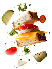A Realistic Photo of Cheese Sandwich Ingredients with Flying on Transparent Background