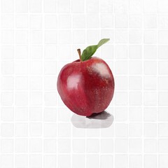 Red apple with leaf on white tiled surface, minimal watercolor composition.