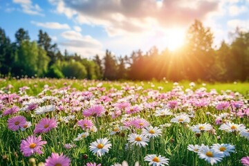 Fototapeta premium A field of pink and white daisies nature daisy landscape.