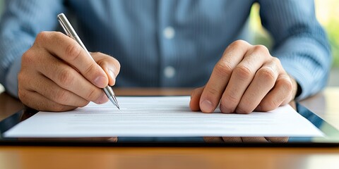 Professional individual signing a digital document with a stylus on a tablet, highlighting digital identity and compliance regulations, minimalist office setting, neutral