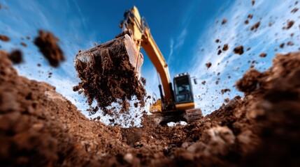 A dynamic shot of a heavy excavator at work, capturing the essence of construction and earth-moving, showcasing the powerful machinery against a bright blue sky backdrop.
