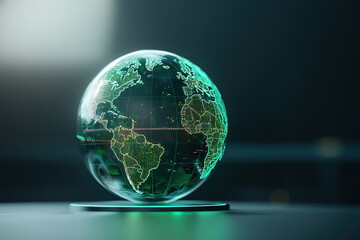 Transparent futuristic globe with glowing green continents represents global connectivity and technology
