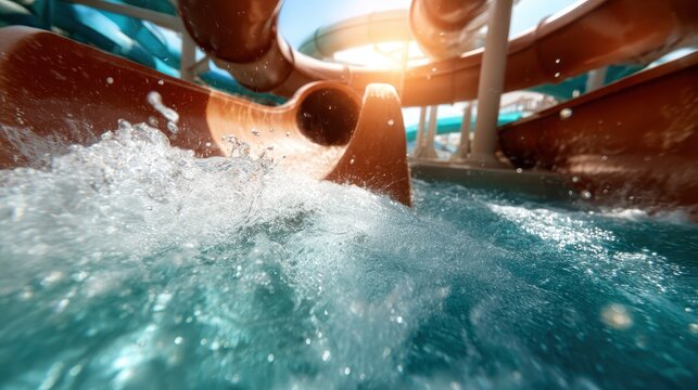 An exhilarating shot capturing splashes of water at a vibrant water slide in a fun-filled theme park, evoking feelings of thrill, joy, and summer excitement.