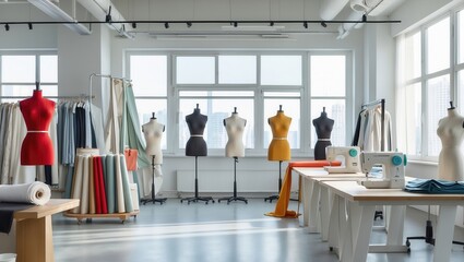A well-lit sewing studio featuring colorful dress forms, fabric rolls, and sewing machines