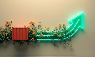 Red cargo container with green plants, yellow flowers, and a glowing neon arrow, illustrating sustainable logistics and environmental progress.