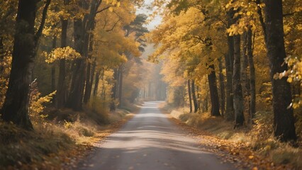 Naklejka premium A serene autumn road lined with golden-leaved trees, casting a warm glow over the path.