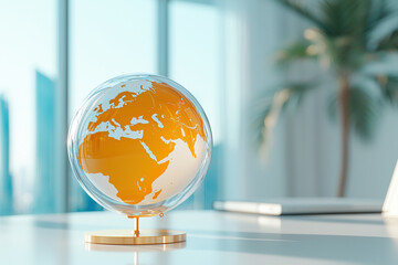 Transparent globe with orange continents sits on modern office desk, symbolizing global connectivity and innovation