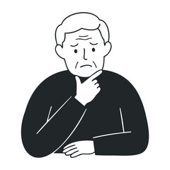 Thoughtful elderly caucasian male considering decision with hand on chin. Vector illustration