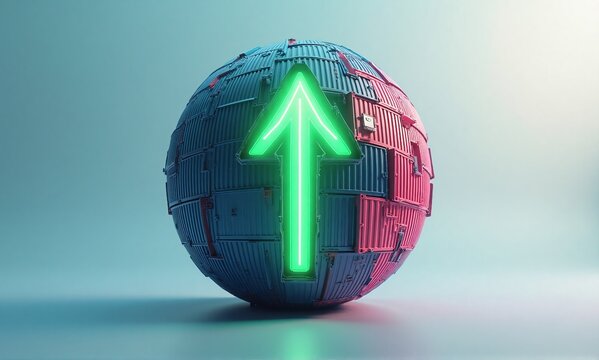 A high-tech sphere featuring intricate blue and red panels, illuminated by a glowing neon green arrow pointing skyward.
