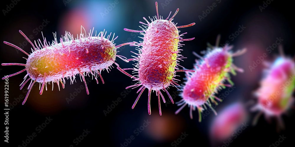 Poster artistic representation of bacteria under a microscope, highlighting intricate details and vibrant c