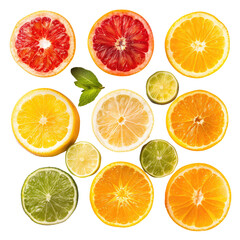 Obraz premium Citrus fruit slices arranged in a grid pattern. Brightly colored citrus fruit segments, including oranges, grapefruits, lemons, and limes, arranged on a black background