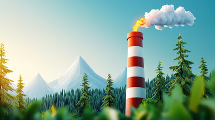 Red and white smokestack emits smoke against backdrop of mountains and lush green trees, creating striking contrast