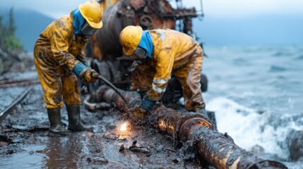 Two workers clad in yellow rain gear struggle to manage an oil pipe amidst a rainy landscape, illustrating hard work and resilience in difficult conditions of industrial environments.