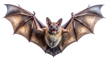 A fearsome bat with wings spread wide, mouth open showing teeth, isolated on transparent background