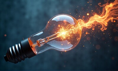 A vibrant, glowing light bulb emits a powerful stream of orange energy, symbolizing innovation and brilliant ideas.