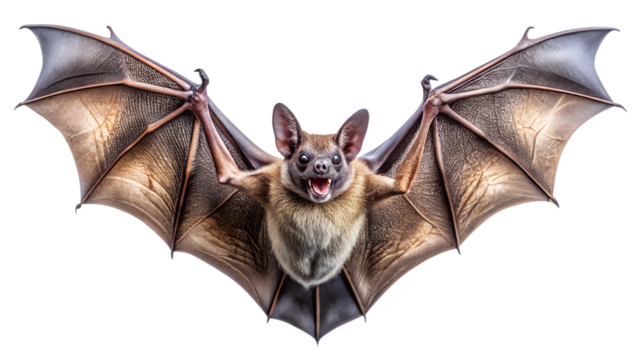 A fearsome bat with wings spread wide, mouth open showing teeth, isolated on transparent background