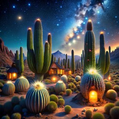 A surreal desert cityscape at night with a futuristic skyline, a towering saguaro cactus, and a UFO flying against a moonlit sky