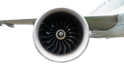High-Resolution Side View of a Commercial Aircraft Engine Mounted Under the Wing, Featuring Detailed Jet Turbine Blades and Spinner Assembly Isolated on a Transparent Background
