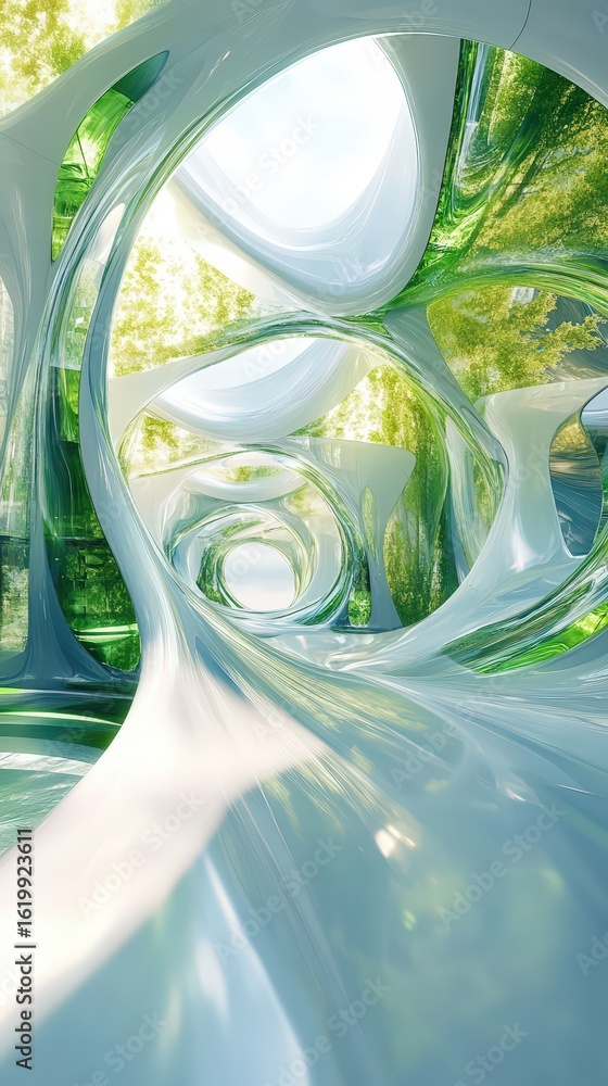 Poster futuristic nature integration structure with flowing organic forms and ethereal light
