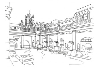 Obraz premium Roman Baths in United Kingdom one line drawing style