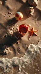 Vibrant beach scene with colorful toys, a starfish, and gentle waves meeting the sandy shore under sunlight.
