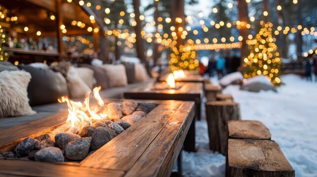 A cozy winter retreat featuring a warm firepit adorned with decorative stones; nestled in the snow, this inviting space radiates warmth and togetherness during the holidays.