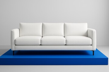 Fototapeta premium White modern sofa on blue platform against light grey wall in minimal interior, contemporary furniture front view