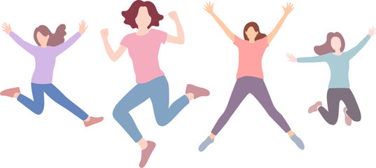 Group of jumping women set. Young girl jumping together joy lifestyle, celebration victory team, celebrates success. Color cartoon vector illustration.
