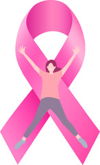 Pink ribbon symbol with happiness woman. Fight cancer concept. Breast cancer awareness month. Vector illustration.