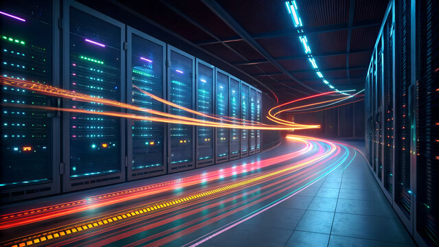 Data center server racks with glowing light trails representing fast data transfer