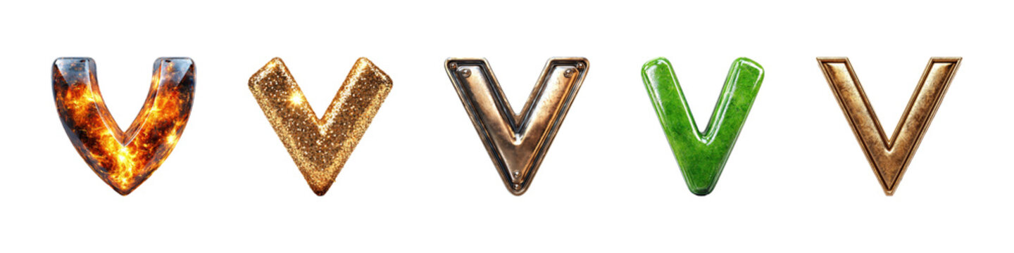 3D Letter V Designs With Diverse Textures And Materials. Creative Typography For Graphic Design Projects Isolated On Transparent Background