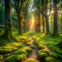 Morning light filters through misty autumn trees in a tranquil forest
