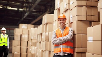 Warehouse Worker Standing: A determined and satisfied warehouse worker strikes a pose amidst towering stacks of cardboard boxes, epitomizing reliability and logistics. - Powered by Adobe
