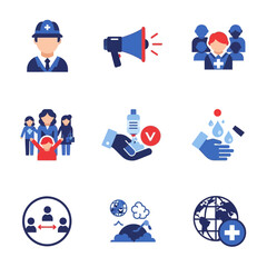 Fototapeta premium Public health icons depicting safety measures, community support, and global pandemic response.