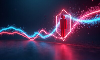 A glowing human icon stands within a neon hexagonal frame, surrounded by dynamic blue and red digital data streams on a dark ground.