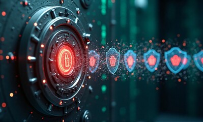 Digital security concept with a glowing padlock on a futuristic mechanism, emitting protective shield icons for robust data defense.