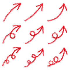 手描きのスムーズな赤い矢印。チョークやパステル風の素朴なザラザラ感のかすれ。クラフトやナチュラルのイメージ。ベクター。