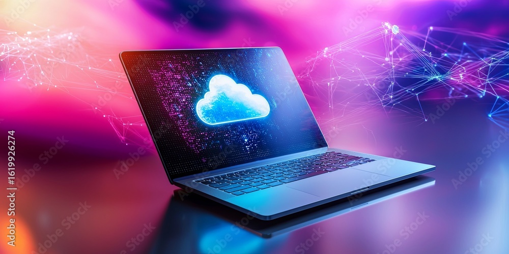 Poster digital signature and cloud storage integration with a sleek laptop on a neutral background, showcas