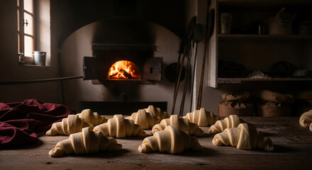 Croissants on a wooden table against the background of a burning hearth in the oven, traditional popular pastries, concept of an old bakery in the area, healthy and tasty desserts for morning coffee
