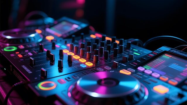 DJ Mixer with Colorful Lights in a Nightclub Setting