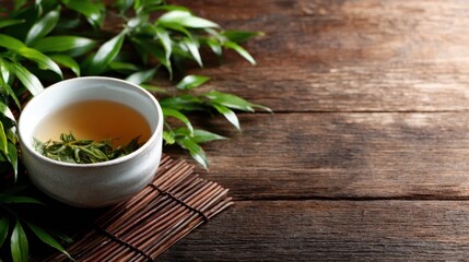 A serene scene featuring a cup of tea infused with leaves, set on a wooden surface beside fresh greenery, exuding a calm and refreshing atmosphere ideal for relaxation.